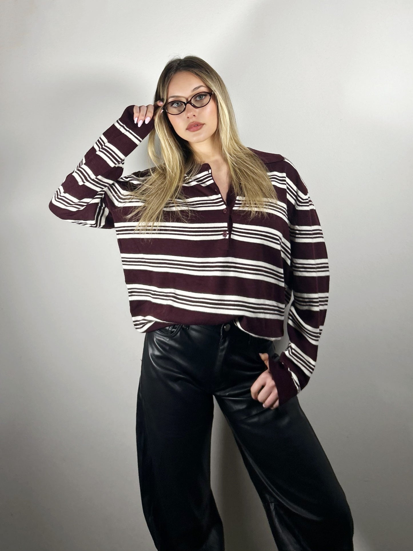 MAGLIA RIGHE - bordeaux/avorio