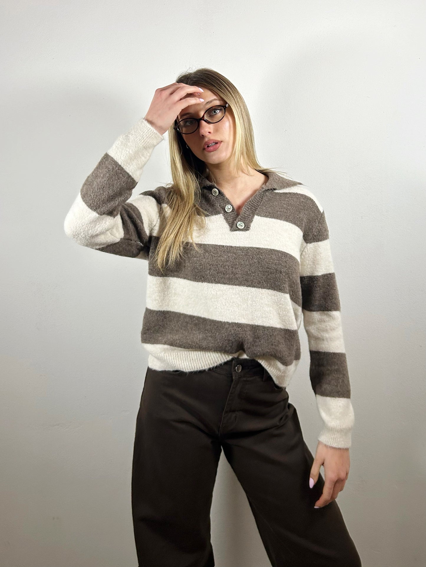 MAGLIONE A RIGHE - écru/taupe