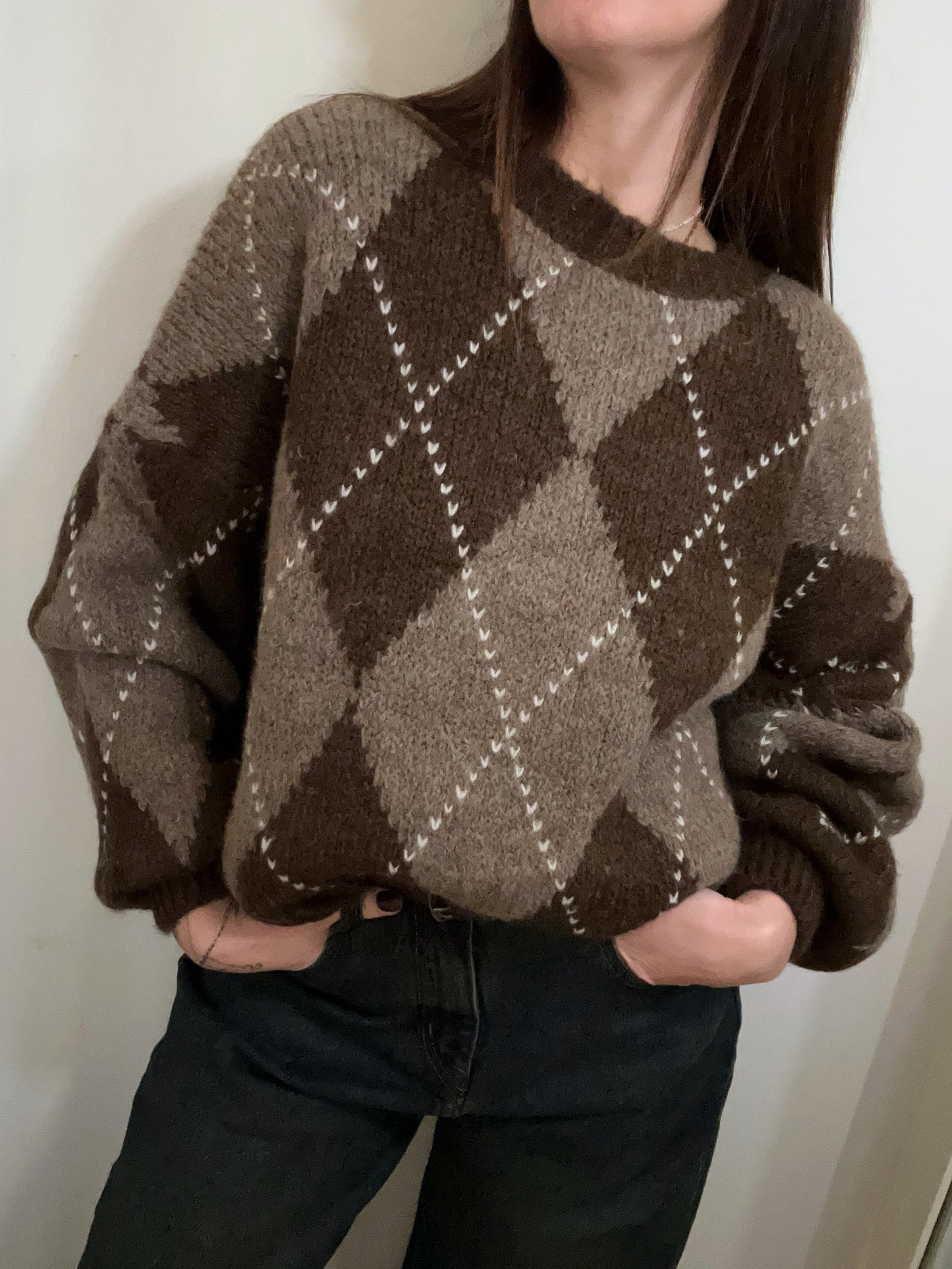 MAGLIONE A ROMBI CIOCCOLATO/TAUPE
