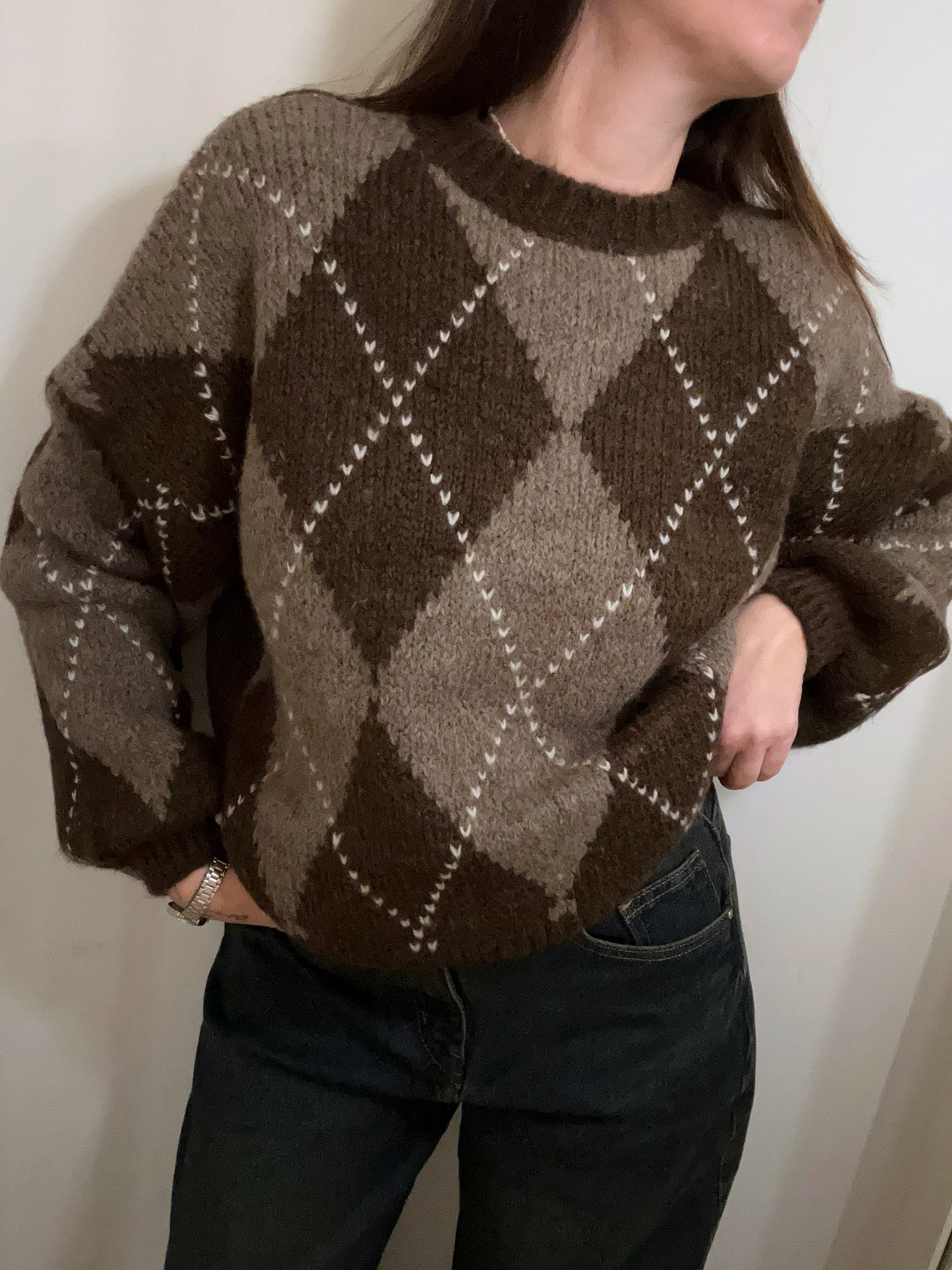 MAGLIONE A ROMBI CIOCCOLATO/TAUPE