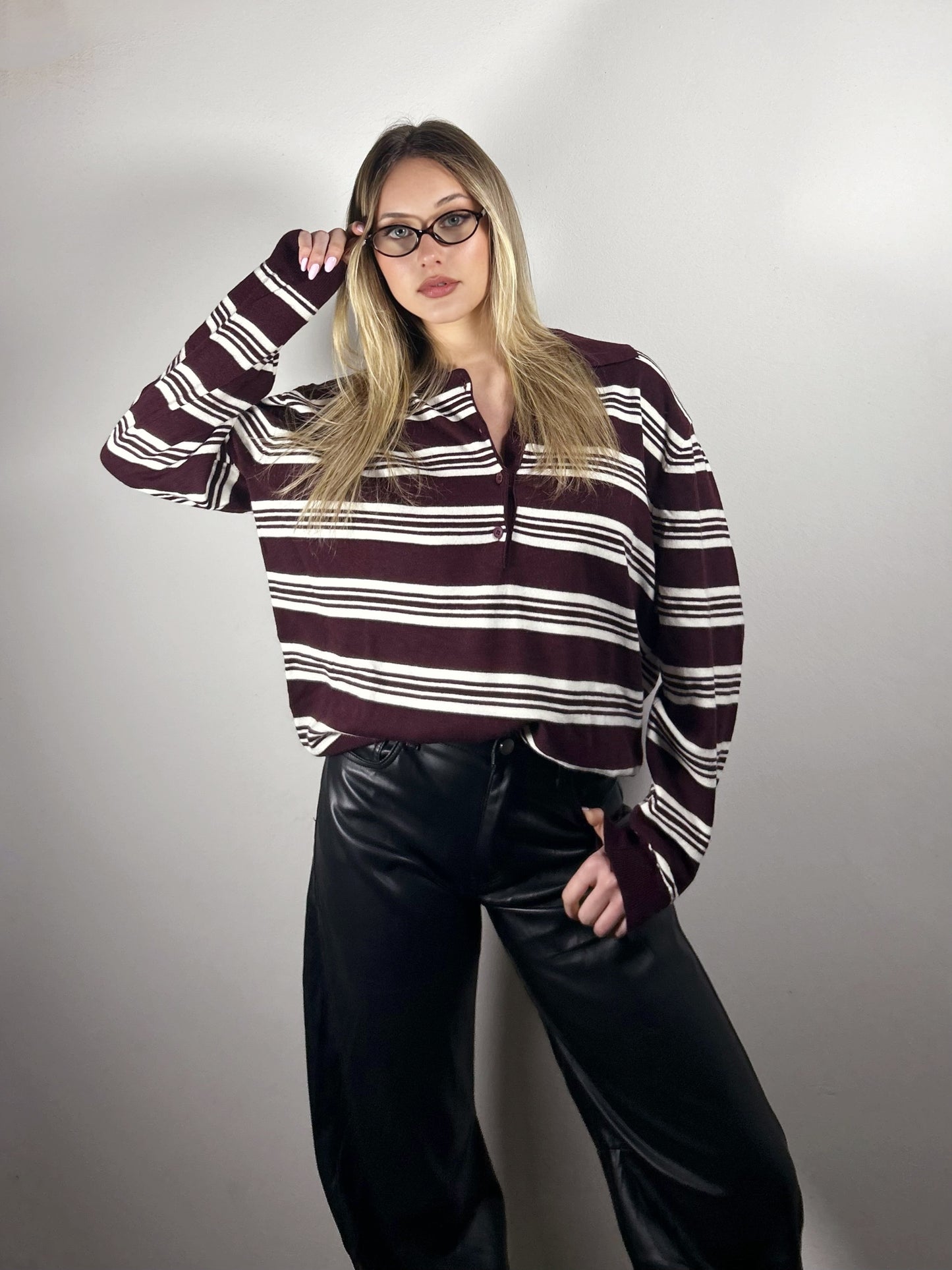 MAGLIA RIGHE - bordeaux/avorio